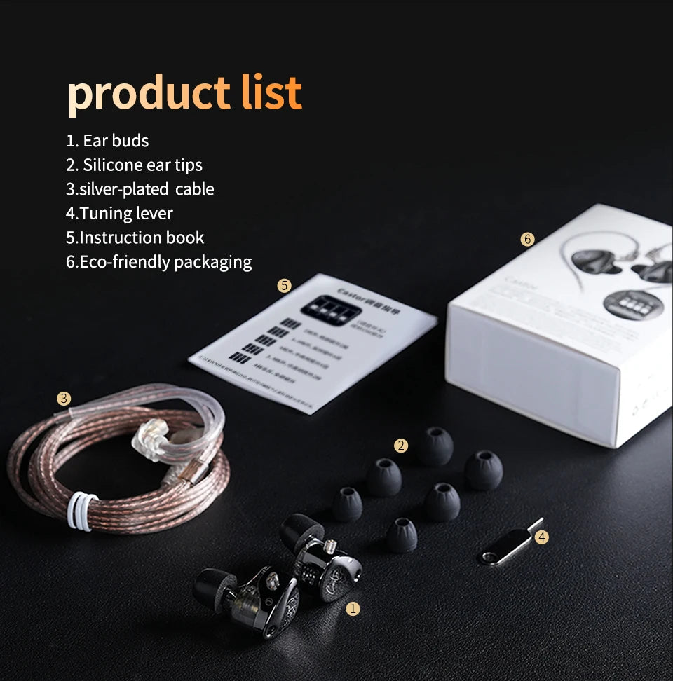 KZ Castor In Ear HiFi Earphone 2 Dynamic High-end Tunable balanced armature Earphones Monitor Headphone Cancelling Earbuds