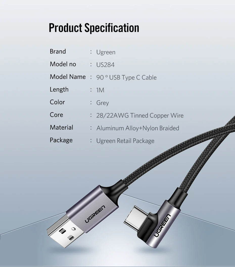 Ugreen USB C Cable for Samsung S9 S10 Plus Quick Charge 3.0 Right Angled USB Type C Fast Charger Data Cable for Game USB-C Wire