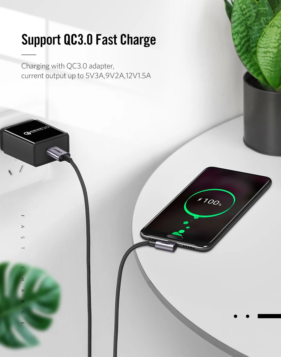 Ugreen USB C Cable for Samsung S9 S10 Plus Quick Charge 3.0 Right Angled USB Type C Fast Charger Data Cable for Game USB-C Wire
