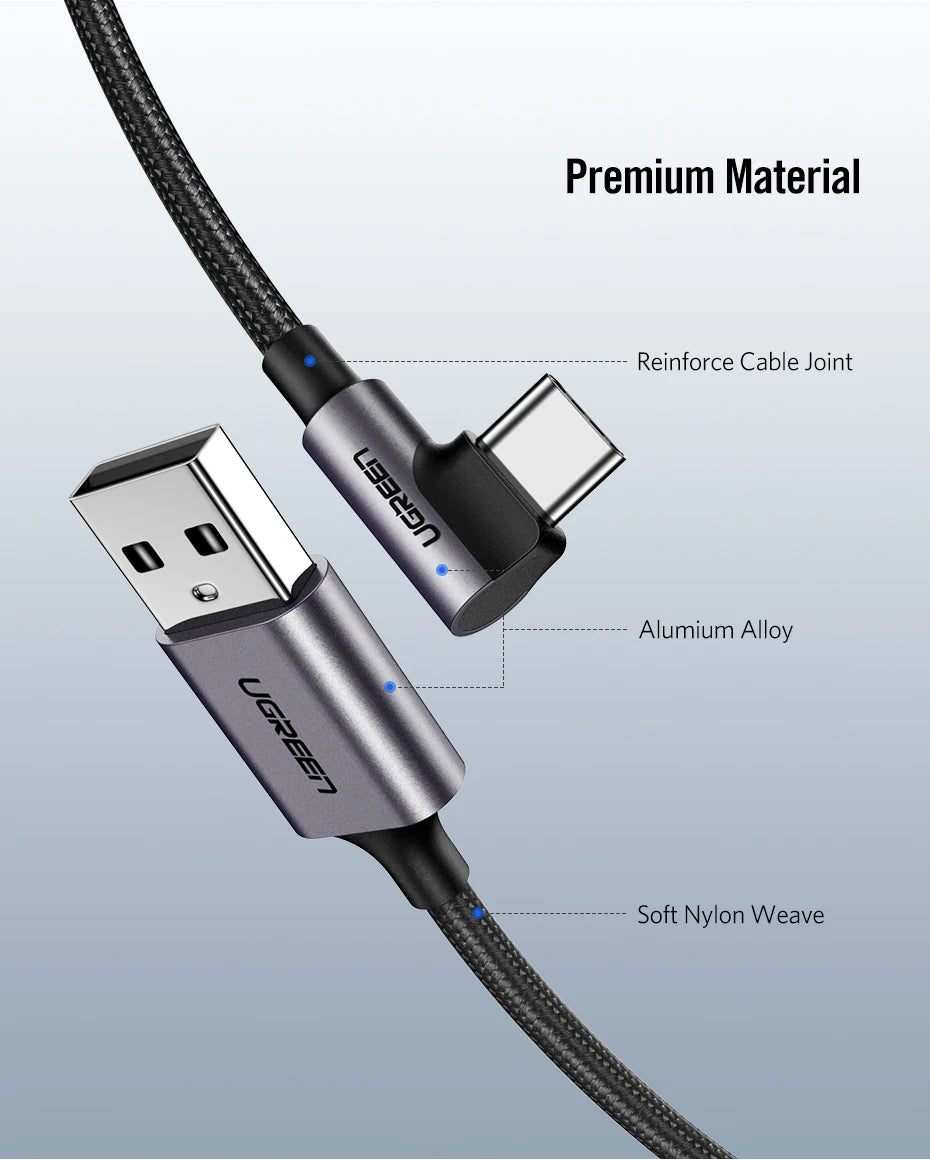 Ugreen USB C Cable for Samsung S9 S10 Plus Quick Charge 3.0 Right Angled USB Type C Fast Charger Data Cable for Game USB-C Wire