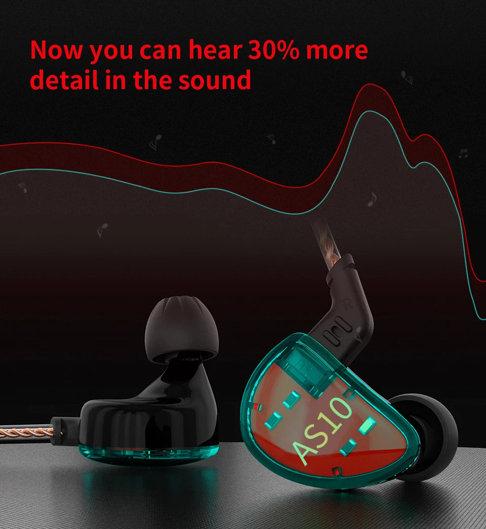 KZ AS10 Cyan 5BA Balanced Armature Driver HIFI Bass In Earphone Monitor Game Headset Noise Cancelling Earbuds