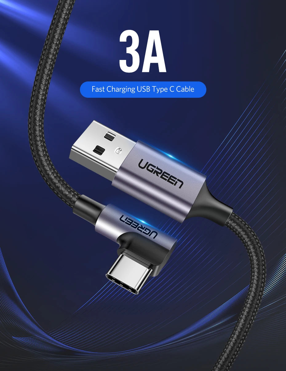 Ugreen USB C Cable for Samsung S9 S10 Plus Quick Charge 3.0 Right Angled USB Type C Fast Charger Data Cable for Game USB-C Wire