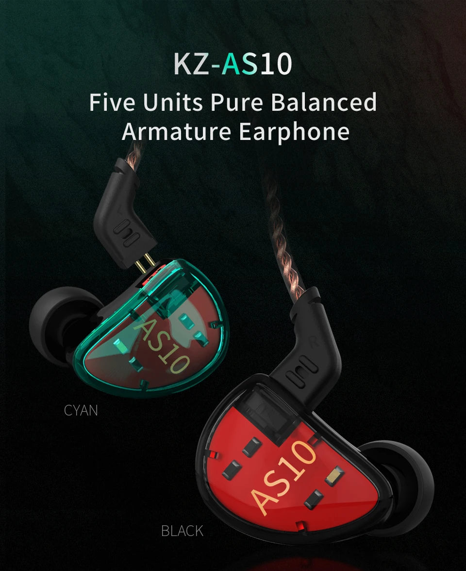 KZ AS10 Cyan 5BA Balanced Armature Driver HIFI Bass In Earphone Monitor Game Headset Noise Cancelling Earbuds