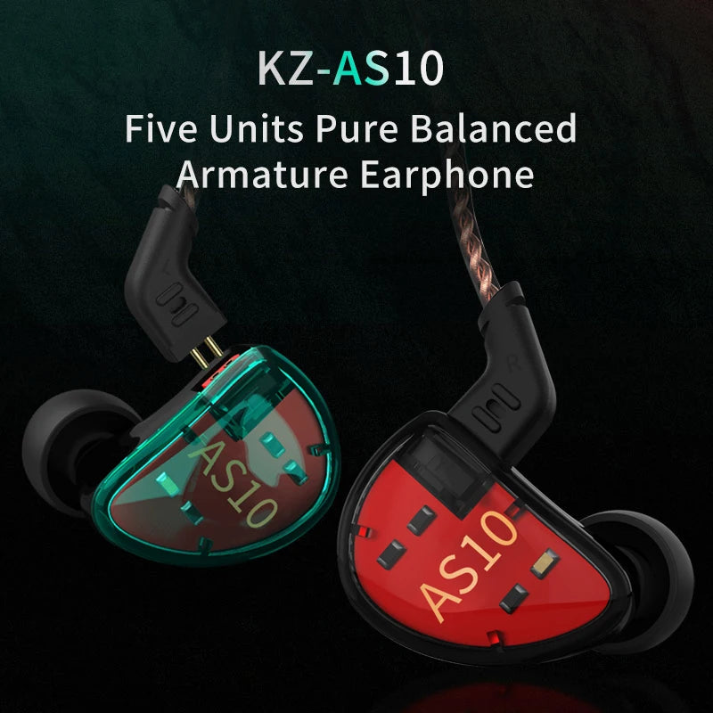 KZ AS10 Cyan 5BA Balanced Armature Driver HIFI Bass In Earphone Monitor Game Headset Noise Cancelling Earbuds