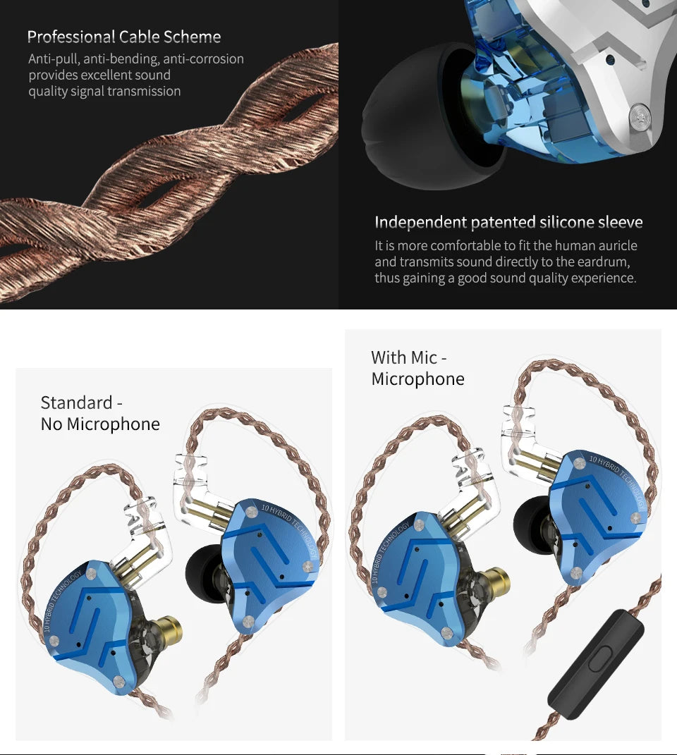 KZ ZS10 Pro Blue Noise Cancelling Earphones Metal Headset 4BA+1DD Hybrid 10 drivers HIFI Bass Earbuds In Ear Monitor Headphones