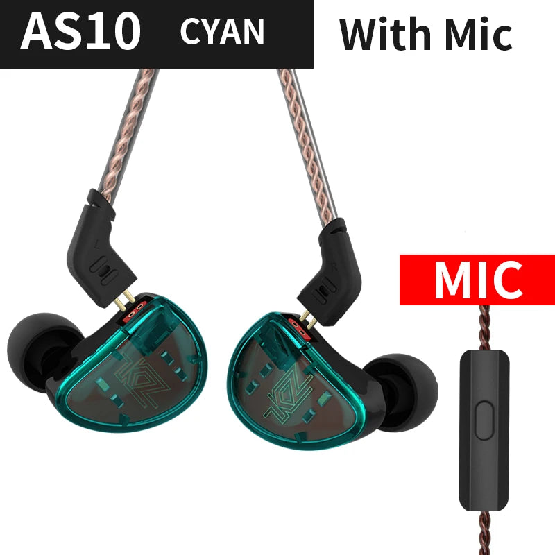 KZ AS10 Cyan 5BA Balanced Armature Driver HIFI Bass In Earphone Monitor Game Headset Noise Cancelling Earbuds
