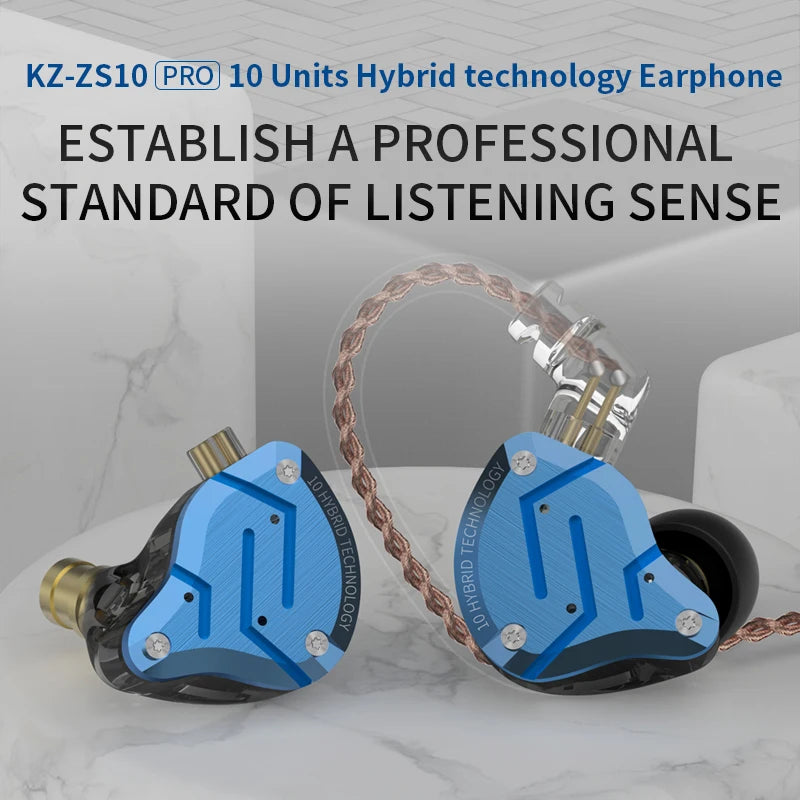 KZ ZS10 Pro Blue Noise Cancelling Earphones Metal Headset 4BA+1DD Hybrid 10 drivers HIFI Bass Earbuds In Ear Monitor Headphones