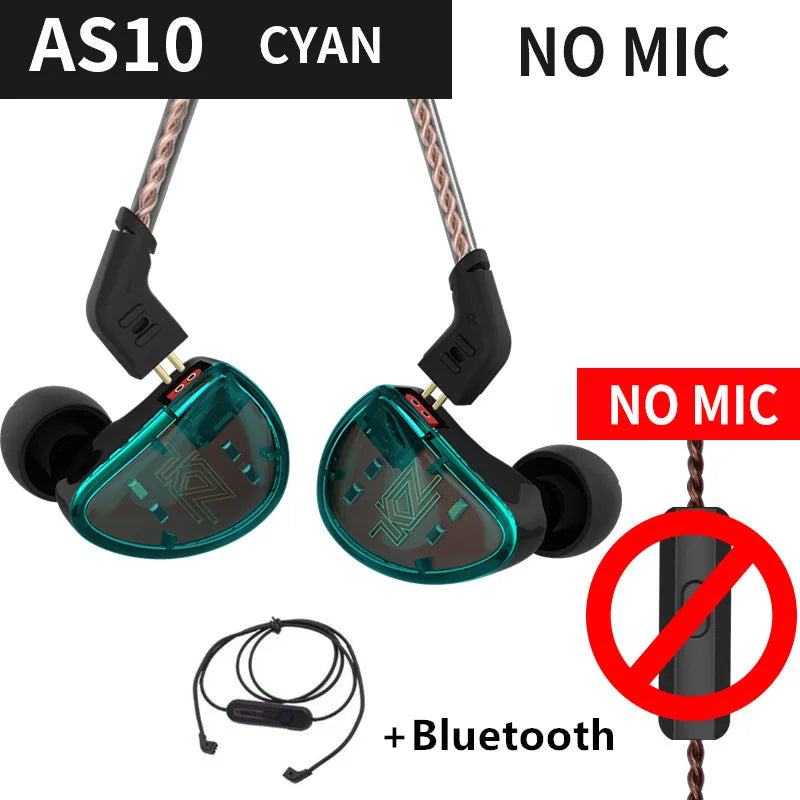 KZ AS10 Cyan 5BA Balanced Armature Driver HIFI Bass In Earphone Monitor Game Headset Noise Cancelling Earbuds