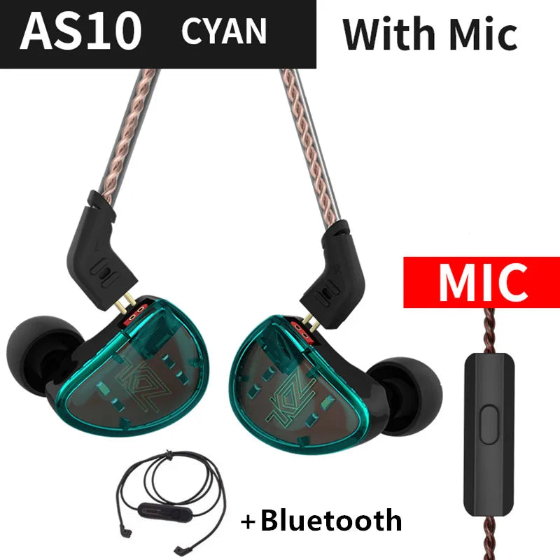 KZ AS10 Cyan 5BA Balanced Armature Driver HIFI Bass In Earphone Monitor Game Headset Noise Cancelling Earbuds