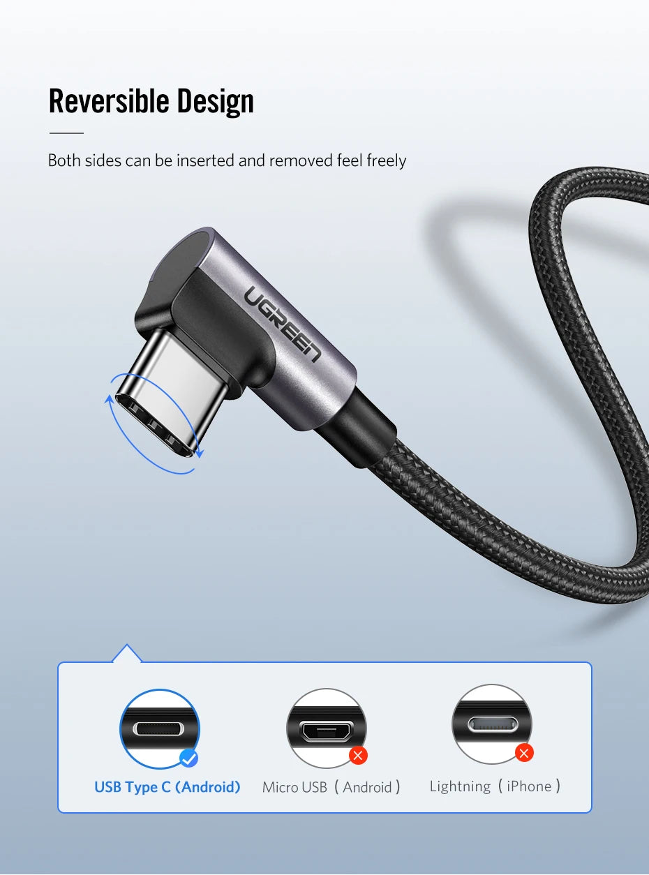 Ugreen USB C Cable for Samsung S9 S10 Plus Quick Charge 3.0 Right Angled USB Type C Fast Charger Data Cable for Game USB-C Wire