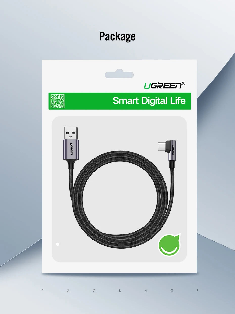 Ugreen USB C Cable for Samsung S9 S10 Plus Quick Charge 3.0 Right Angled USB Type C Fast Charger Data Cable for Game USB-C Wire