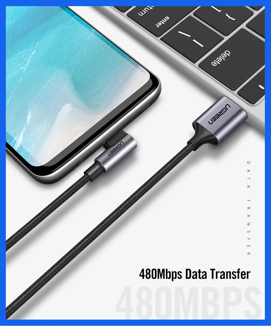 Ugreen USB C Cable for Samsung S9 S10 Plus Quick Charge 3.0 Right Angled USB Type C Fast Charger Data Cable for Game USB-C Wire
