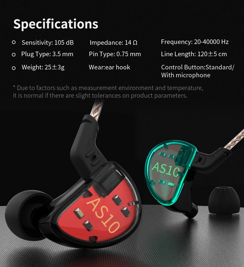 KZ AS10 Cyan 5BA Balanced Armature Driver HIFI Bass In Earphone Monitor Game Headset Noise Cancelling Earbuds