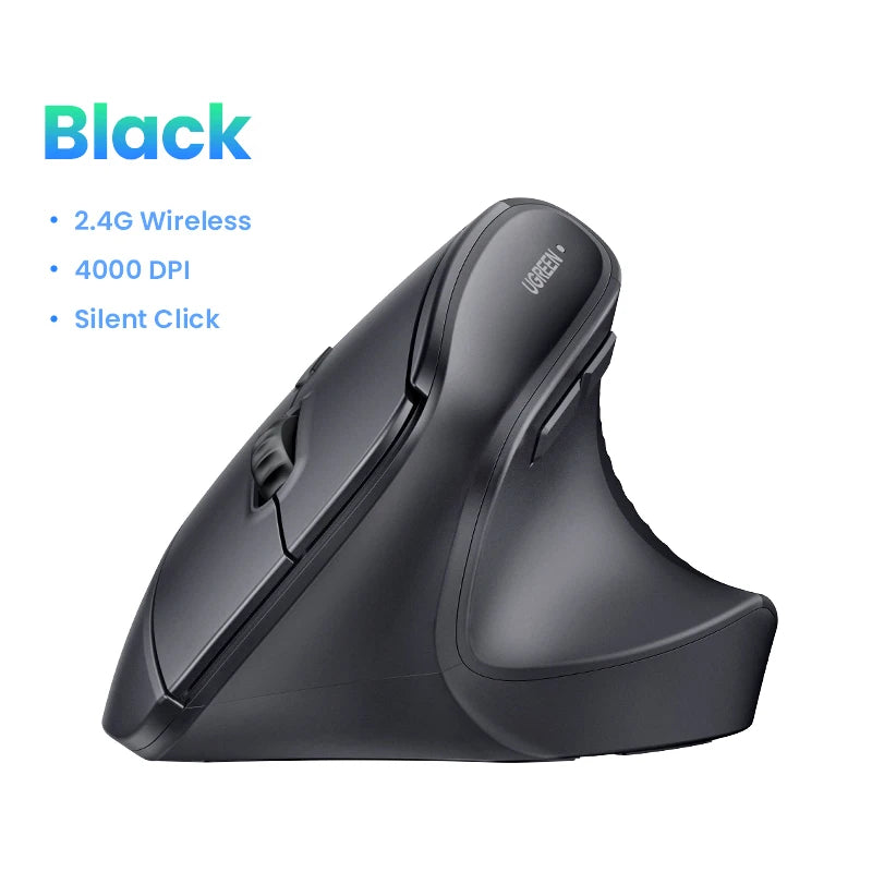 UGREEN Wireless Mouse Vertical 2.4G Ergonomic 4000DPI 6 Mute Buttons for MacBook Tablet Laptops Computer PC Mice Black Pink
