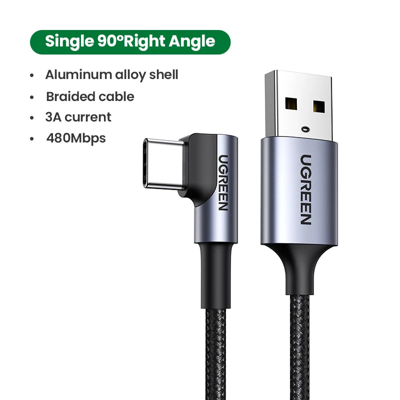 Ugreen USB C Cable for Samsung S9 S10 Plus Quick Charge 3.0 Right Angled USB Type C Fast Charger Data Cable for Game USB-C Wire