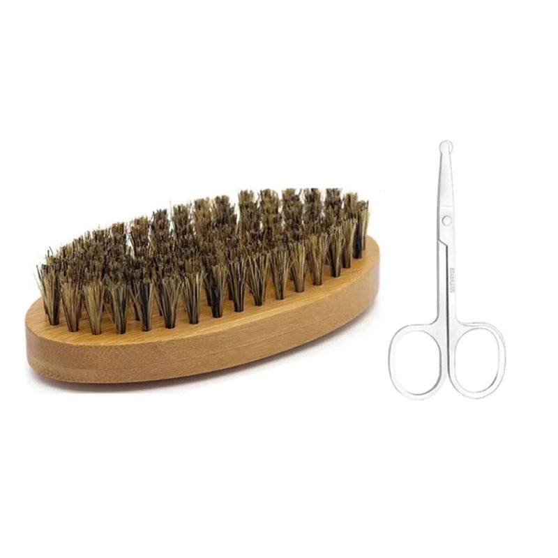 Men's Shaving Brush Set Boar Bristle Portable Barber Natural Beard Brush Comb Scissors for Facial Cleaning Styling Tool