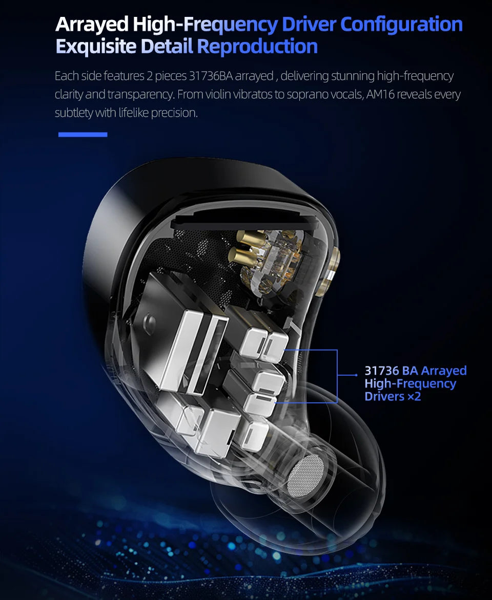 KZ AM16 In Ear Wired Earphones 16BA Balanced Armature HIFI Bass Monitor Headphones Noise Cancelling Earbuds Sport Headset