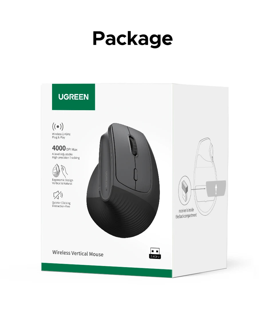 UGREEN Wireless Mouse Vertical 2.4G Ergonomic 4000DPI 6 Mute Buttons for MacBook Tablet Laptops Computer PC Mice Black Pink