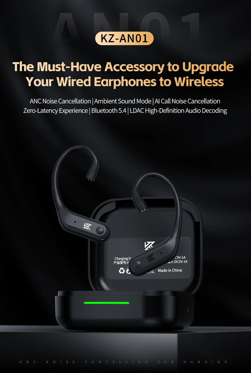 KZ AN01 Wireless Upgrade Ear Hook Cable ANC Noise Cancellation Bluetooth-compatible 5.4 C-Pin LDAC HD Audio Decoding Compatible