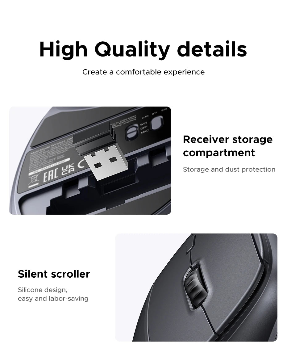 UGREEN Wireless Mouse Vertical 2.4G Ergonomic 4000DPI 6 Mute Buttons for MacBook Tablet Laptops Computer PC Mice Black Pink