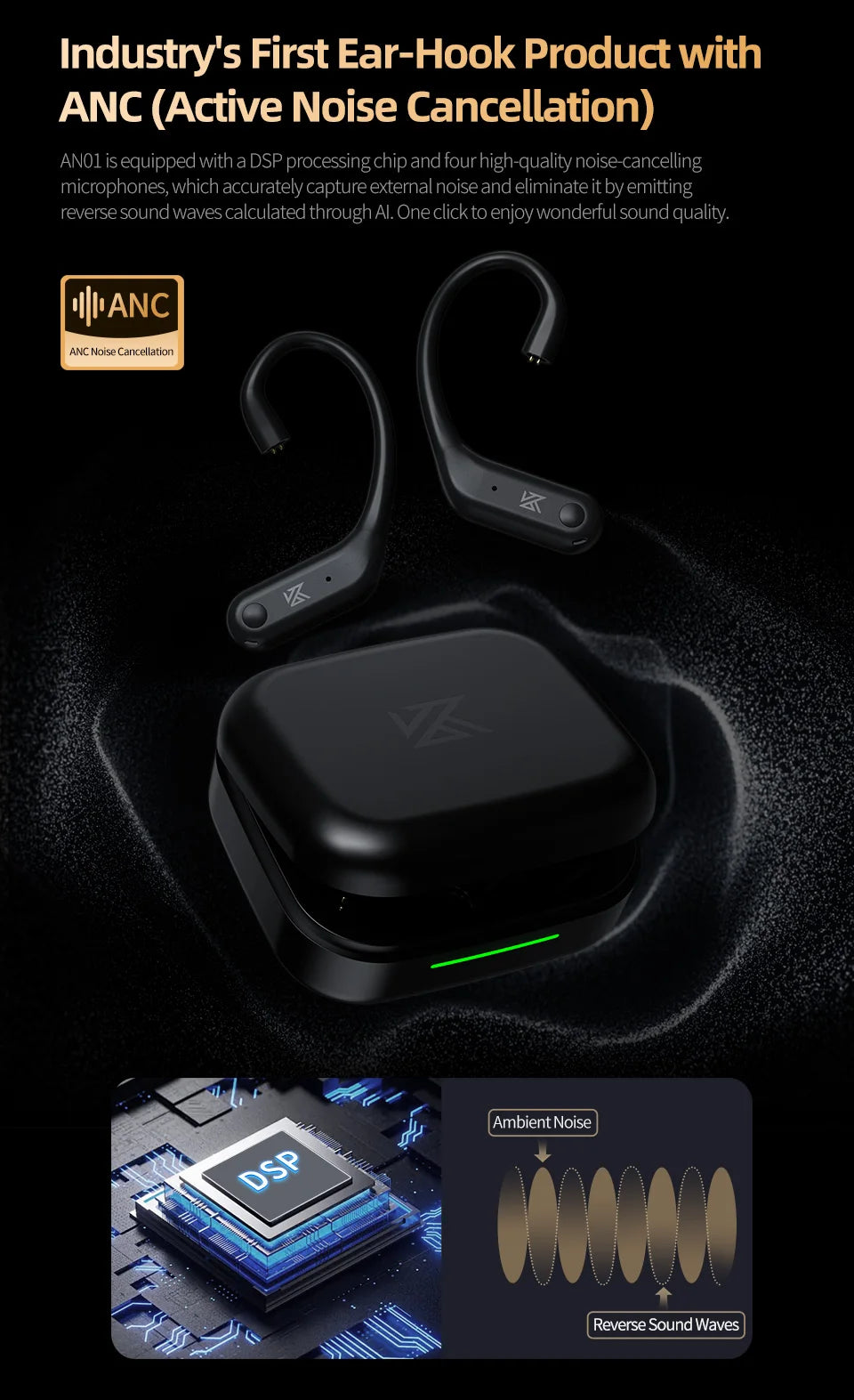 KZ AN01 Wireless Upgrade Ear Hook Cable ANC Noise Cancellation Bluetooth-compatible 5.4 C-Pin LDAC HD Audio Decoding Compatible