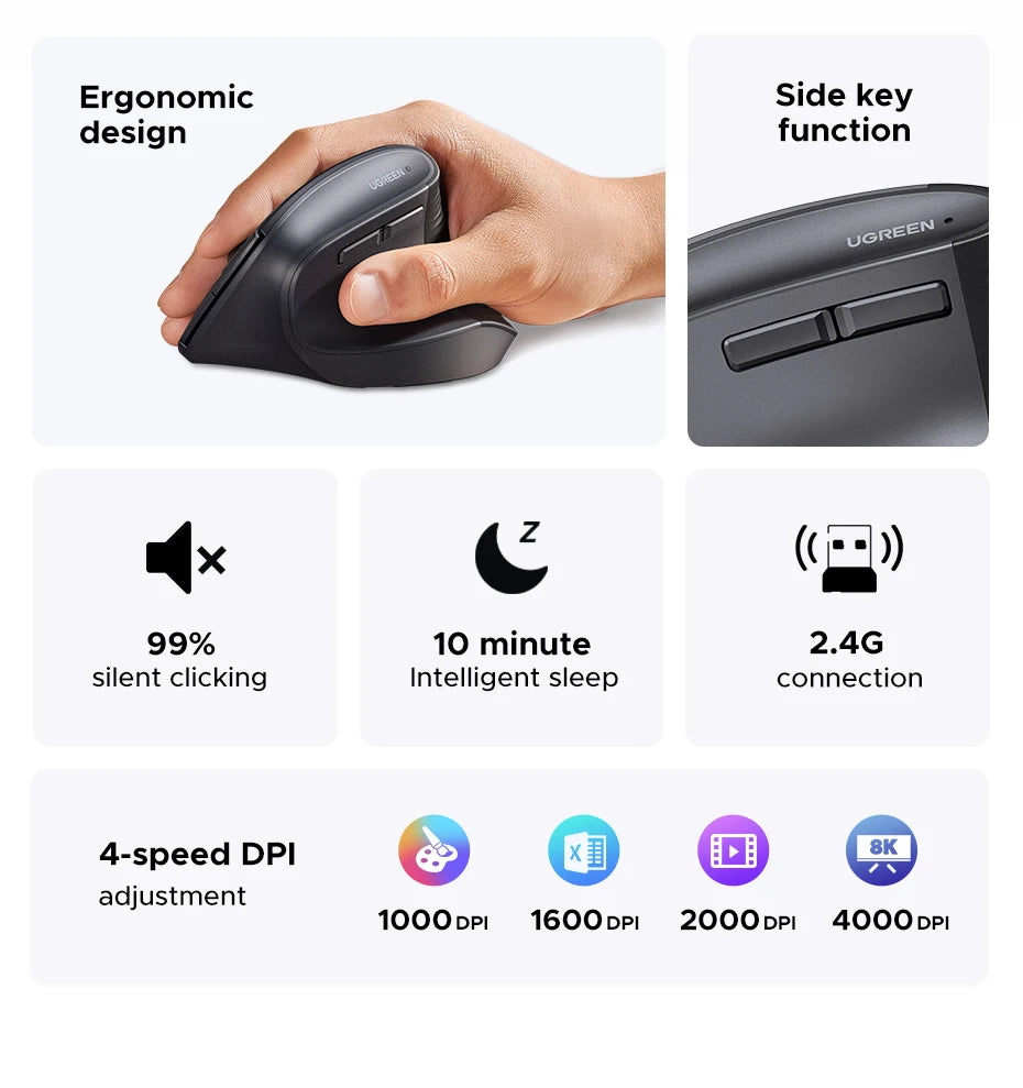 UGREEN Wireless Mouse Vertical 2.4G Ergonomic 4000DPI 6 Mute Buttons for MacBook Tablet Laptops Computer PC Mice Black Pink