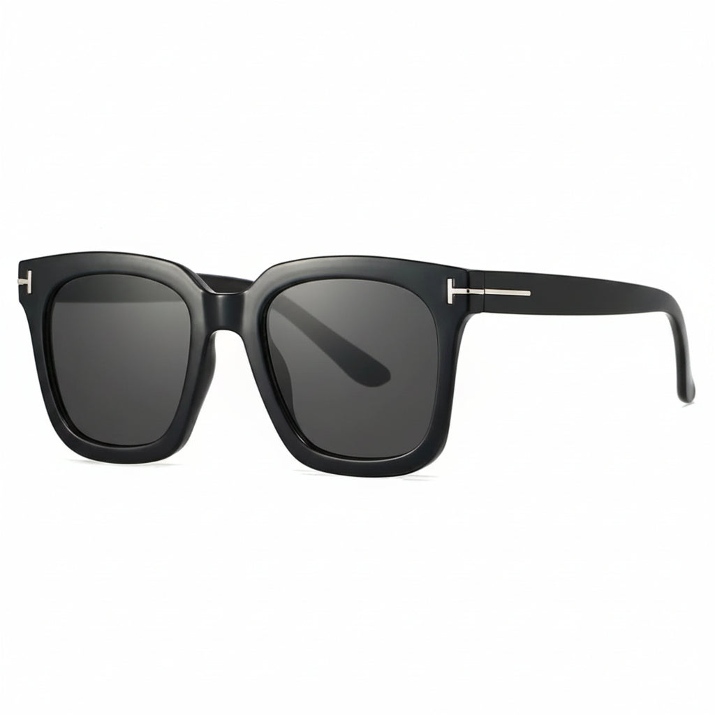 A pair of black square sunglasses with dark gray lenses and silver-tone T-bar details on the temples, shown against a plain white background.