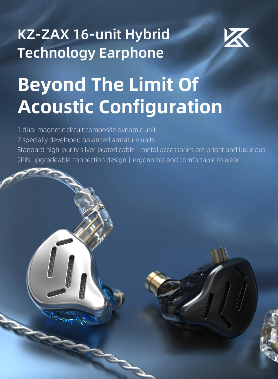 KZ ZAX Headset 16 Units HIFI Bass In Ear Monitor Hybrid technology Earphones Noise Cancelling Earbuds 7BA+1DD Sport Headphones