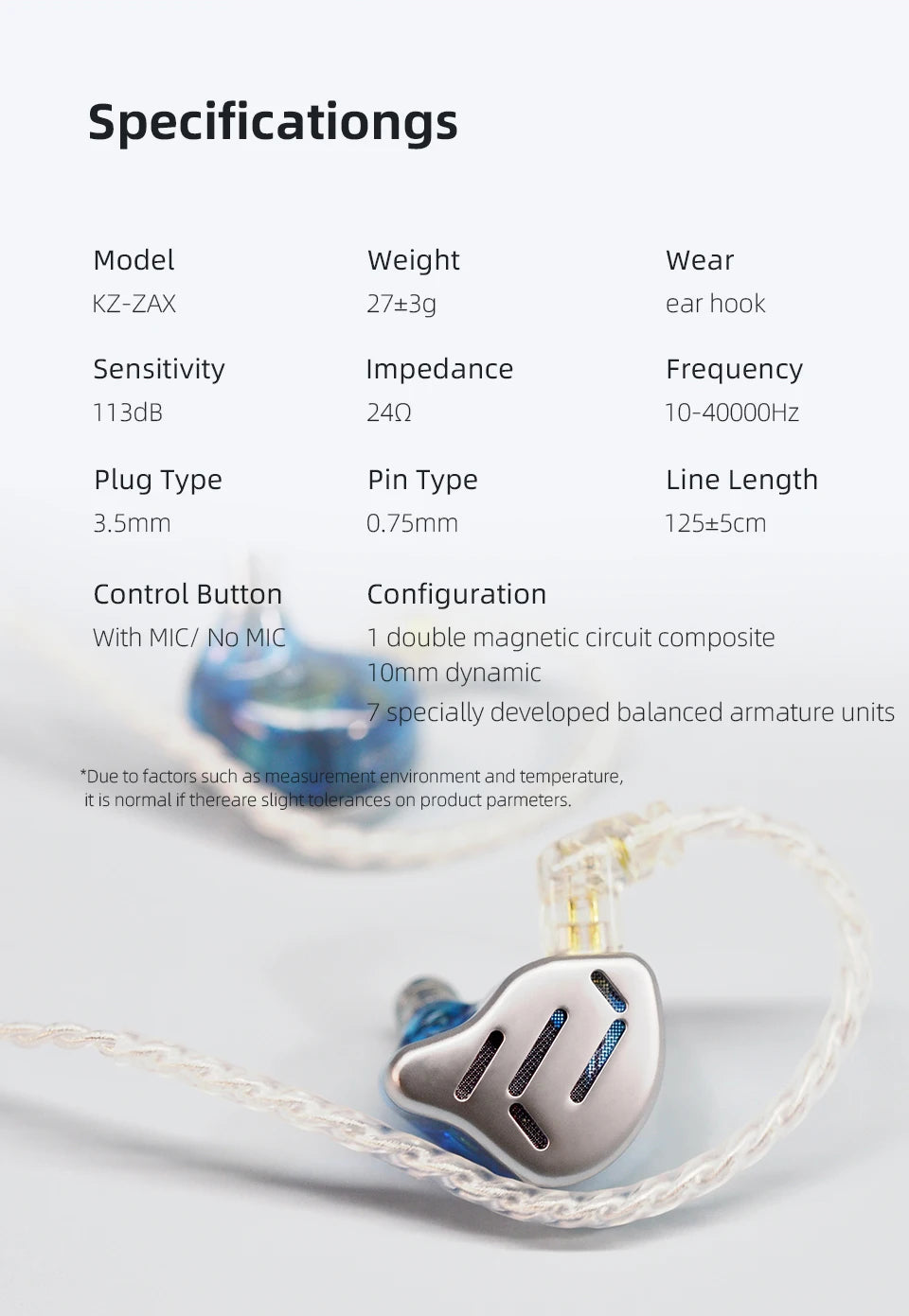 KZ ZAX Headset 16 Units HIFI Bass In Ear Monitor Hybrid technology Earphones Noise Cancelling Earbuds 7BA+1DD Sport Headphones