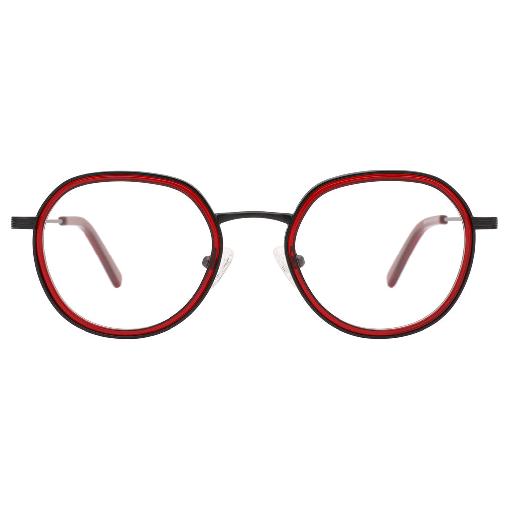 Rhea Round Metal Frame in Matte Black / Red Crystal – front view – optical frame | Urban Cart Ghana