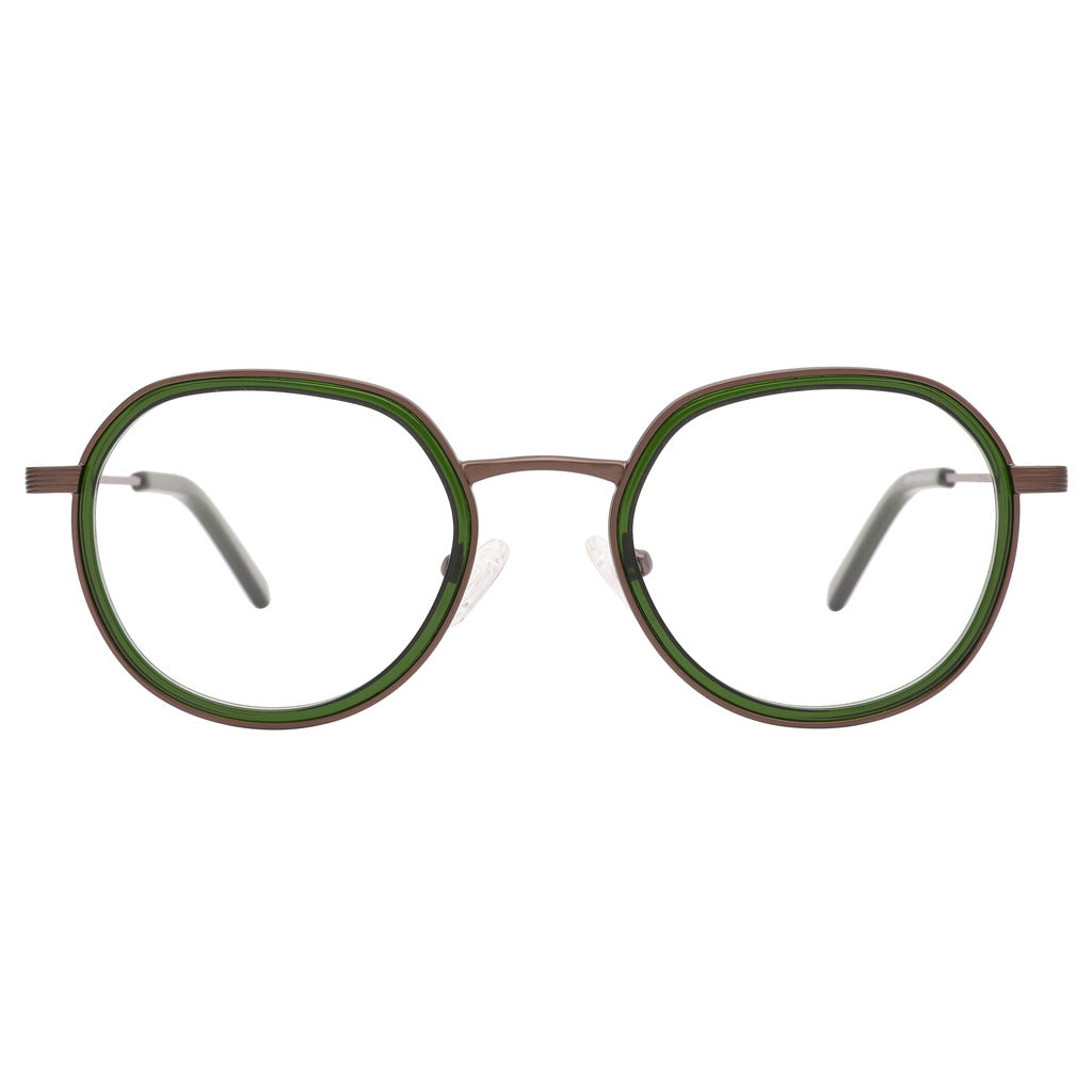 Rhea Round Metal Frame in Matte Brown / Green Crystal – front view – optical frame | Urban Cart Ghana