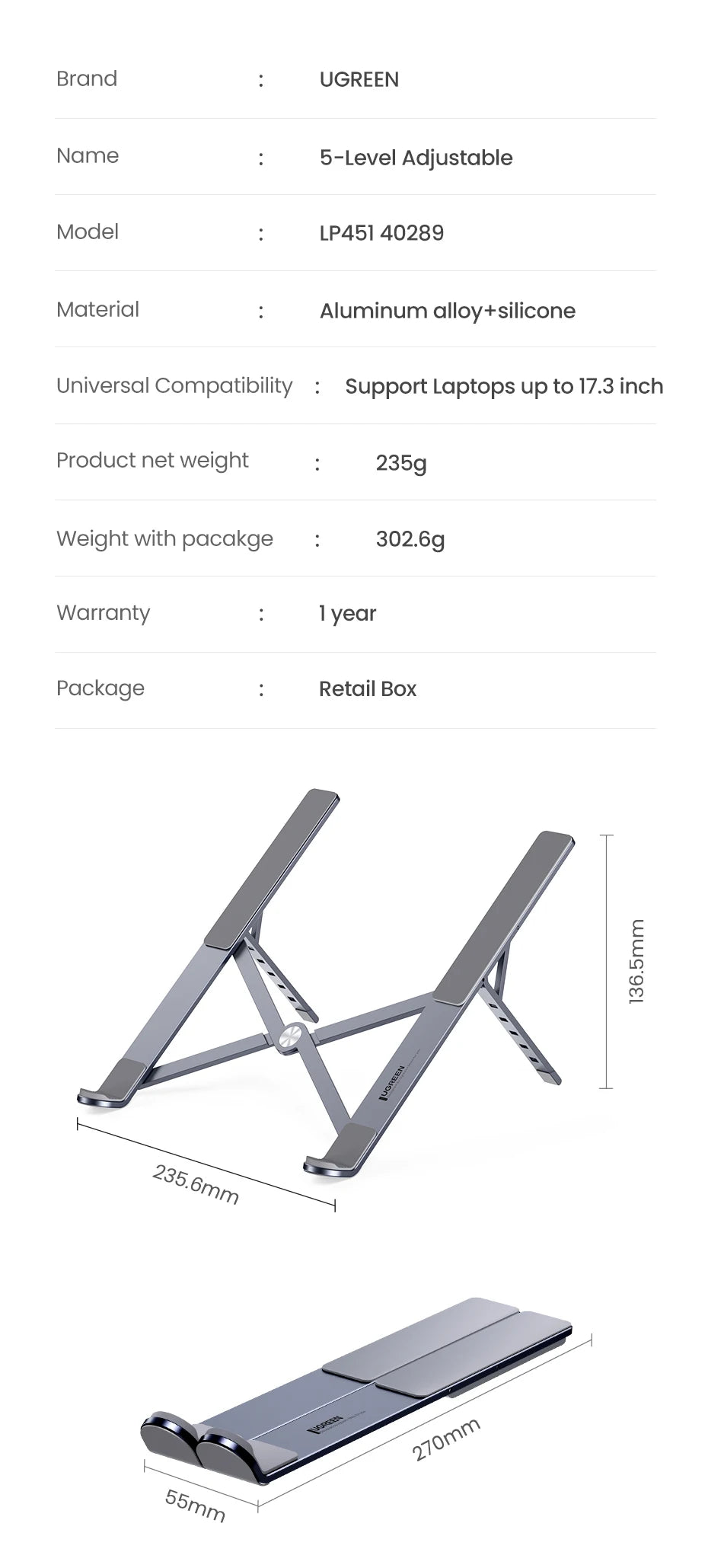 UGREEN Laptop Stand For Macbook Air Pro Foldable Aluminum Vertical Notebook Stand Laptop Support Macbook Pro Tablet Phone Stand