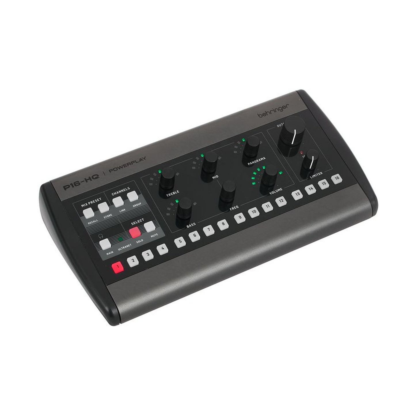 Behringer P16-HQ - angled view showing channel select buttons, EQ and output knobs | Urban Cart Ghana