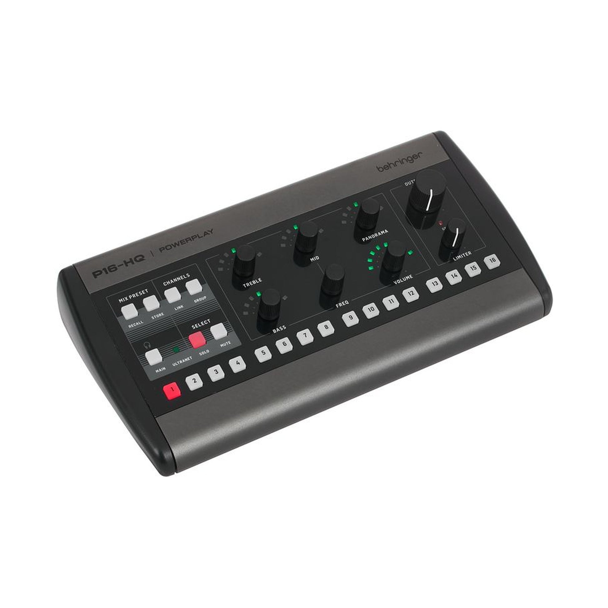 Behringer P16-HQ - angled view showing channel select buttons, EQ and output knobs | Urban Cart Ghana