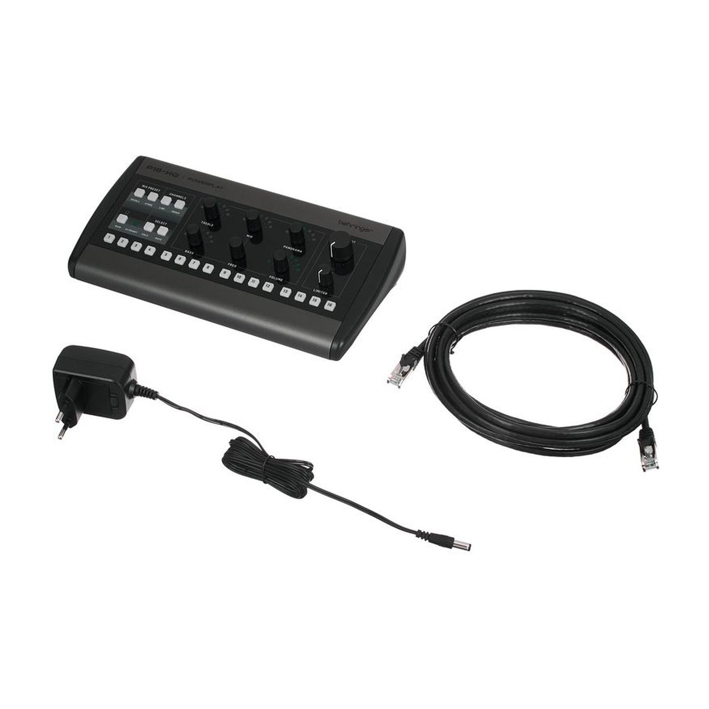 Behringer P16-HQ shown with power adapter and CAT5 cable | Urban Cart Ghana