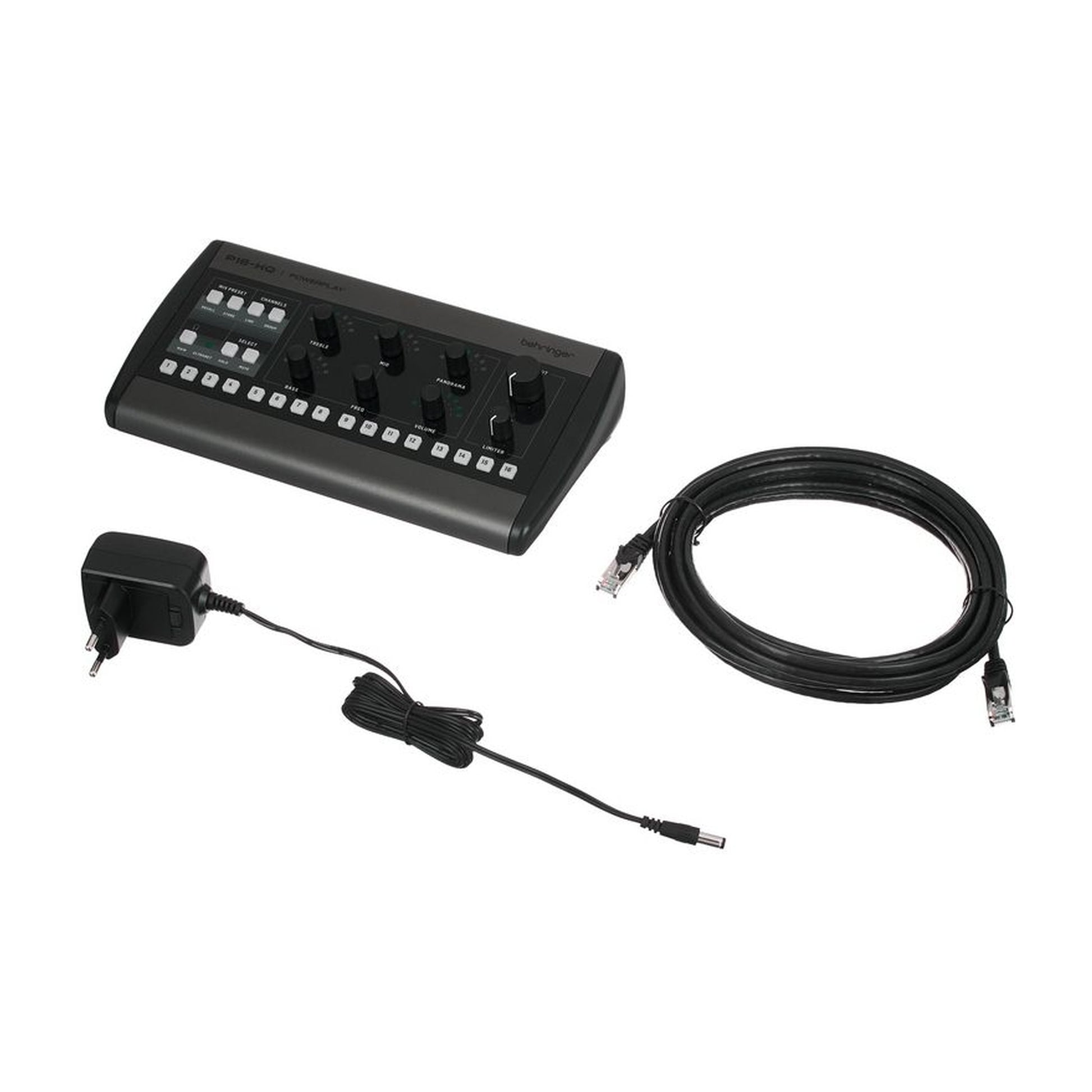 Behringer P16-HQ shown with power adapter and CAT5 cable | Urban Cart Ghana