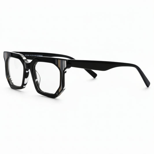 Black eyeglasses with a zebra pattern on a white background