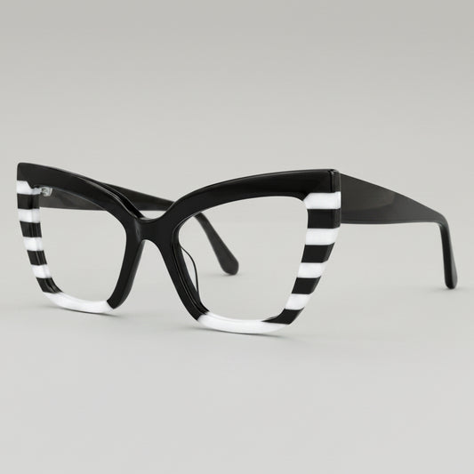 Black and white striped cat-eye glasses on a white background