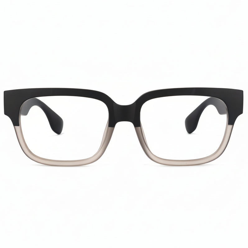 Black and beige eyeglasses on a white background