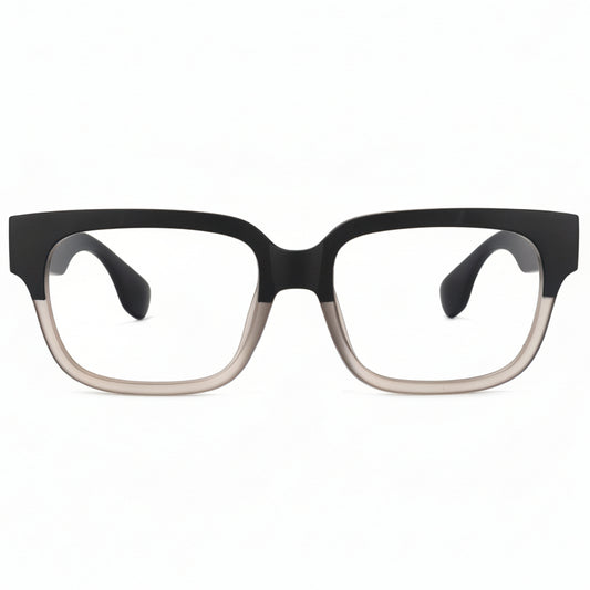 Black and beige eyeglasses on a white background