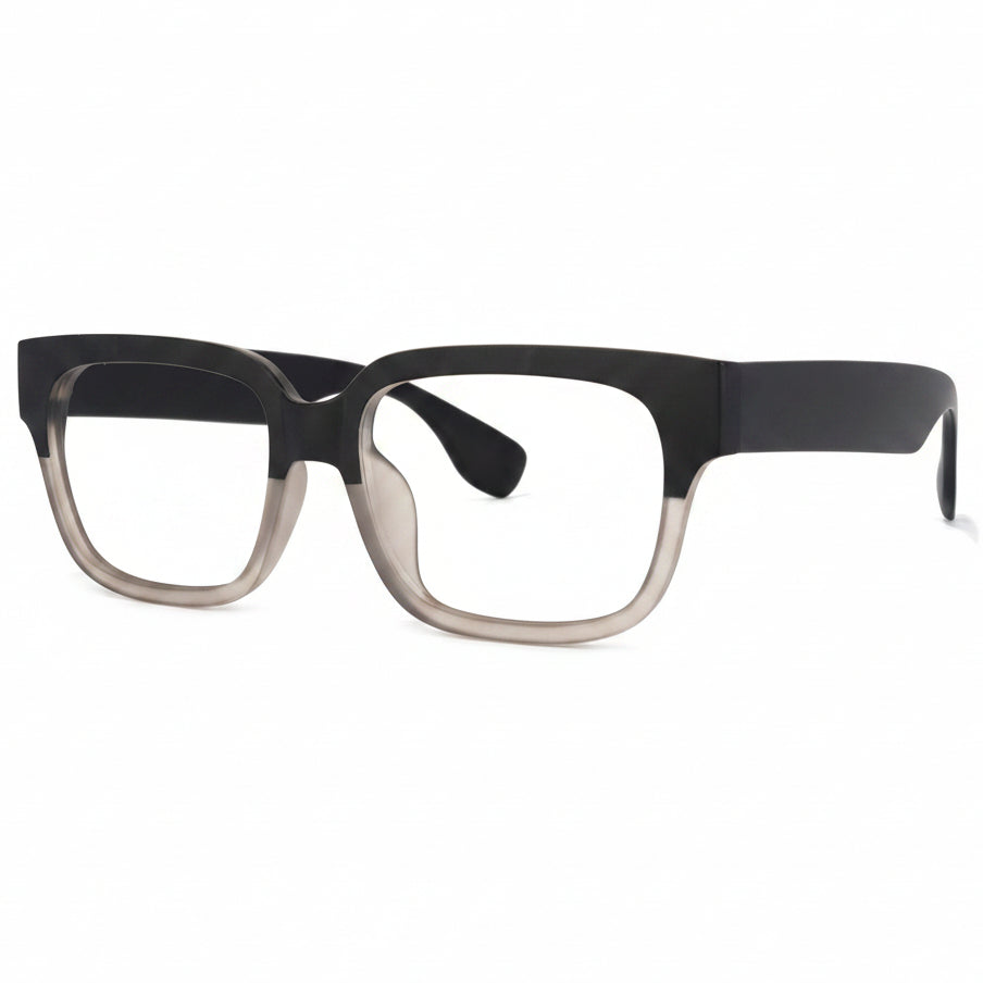 Black and gray eyeglasses on a white background