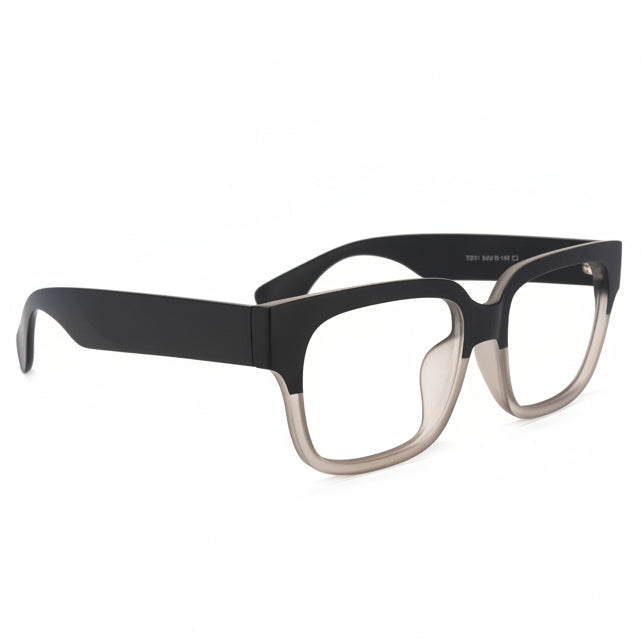 Black and gray eyeglasses on a white background