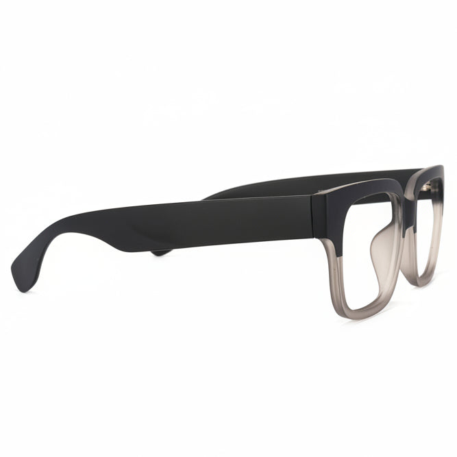 Black eyeglasses with clear temple tips on a white background