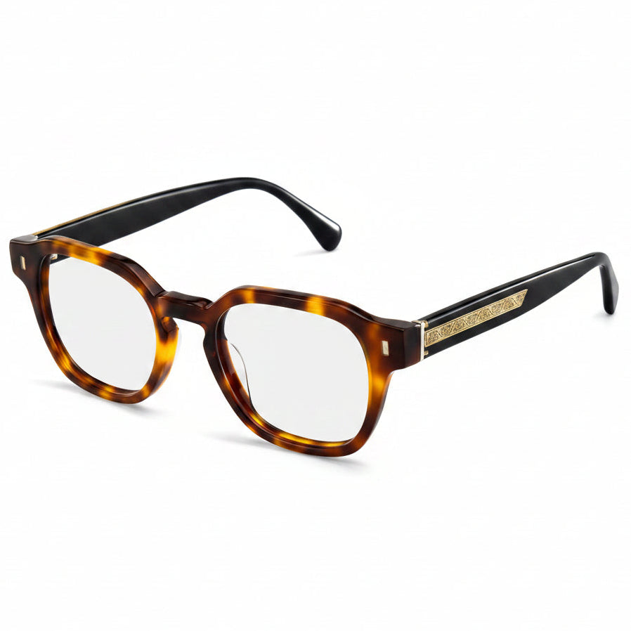 Tortoiseshell eyeglasses with black frames on a white background