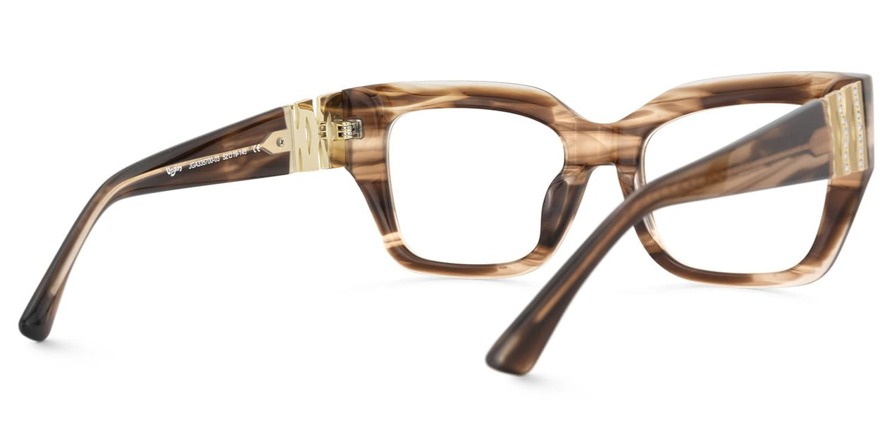 Wooden-framed eyeglasses on a white background