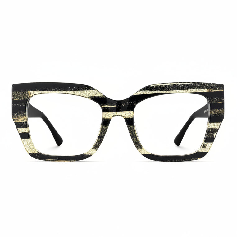 Black and gold striped eyeglasses on a white background