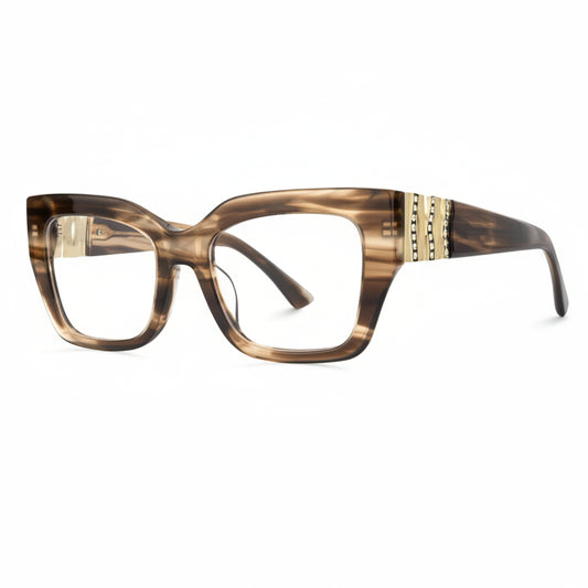 Brown and gold striped eyeglasses on a white background