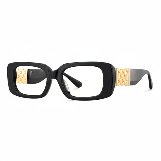 Black glasses with gold accents on a white background