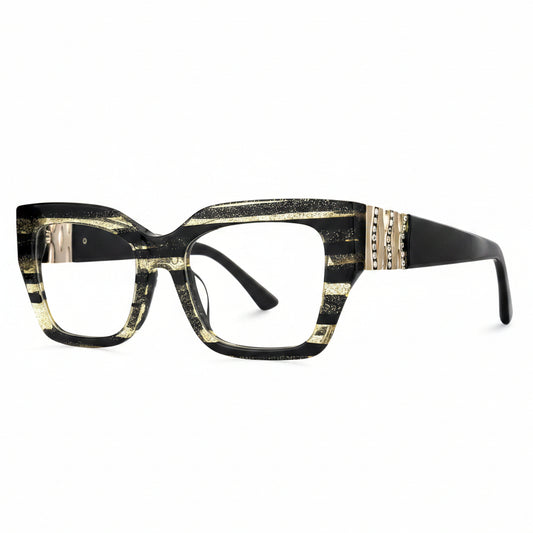 Black and gold striped eyeglasses on a white background