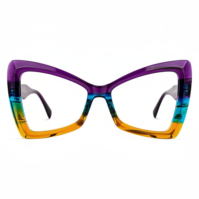 Multicolored cat-eye glasses with a gradient from purple to orange on a white background